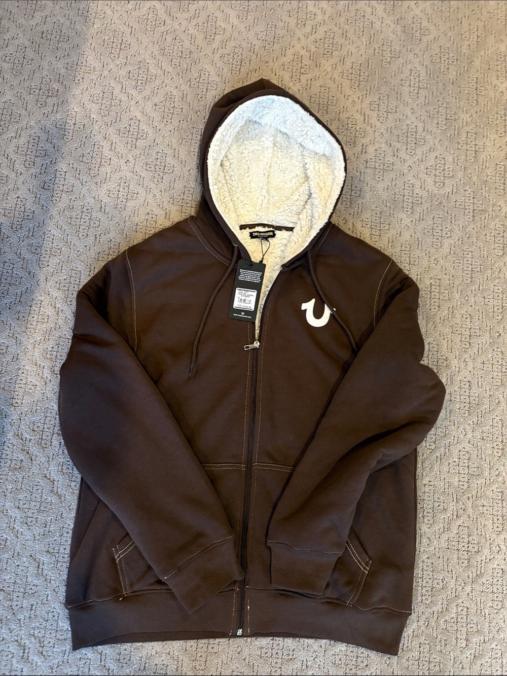 True Religion Brown Sherpa-Lined Full Zip Hoodie with Logo